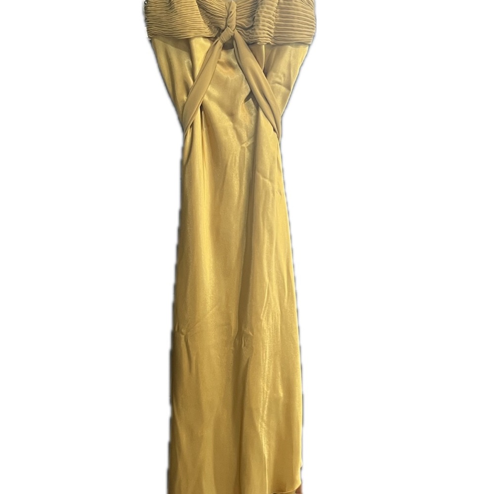 Elegant Gold satin evening Gown with a delicate frill high low cut